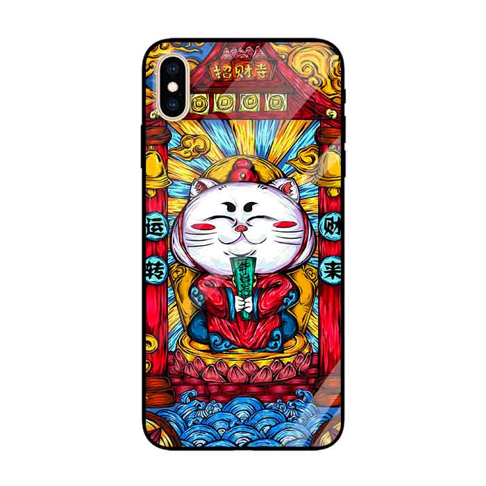 Ốp lưng kính cường lực cho iPhone Xs Max Nền Mèo May Mắn Trắng - Hàng Chính Hãng