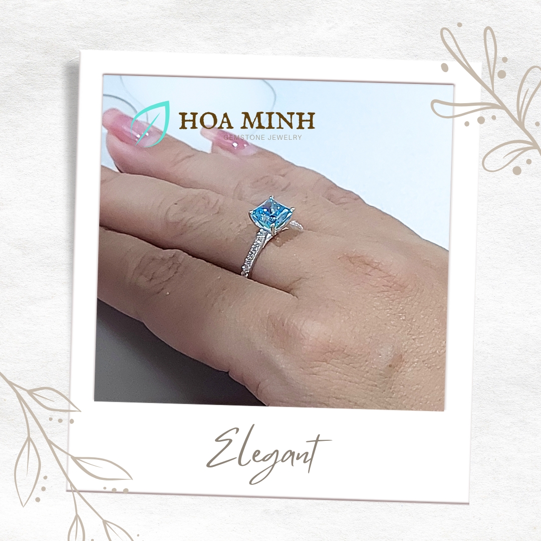 Nhẫn bạc nguyên chất bọc đá Nam Phi xanh Aqua vuông màu xanh aqua size 7 li đính tấm đẹp