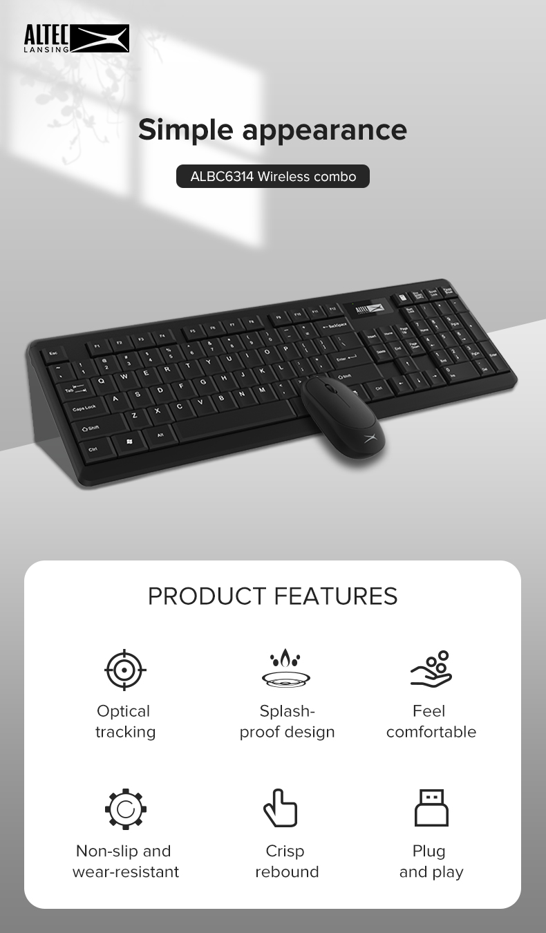 COMBO BÀN PHÍM CHUỘT KHÔNG DÂY ALTEC ALBC 6314,KEYBOARD MOUSE WIRELESS 2.4G 1200DPI-HÀNG CHÍNH HÃNG