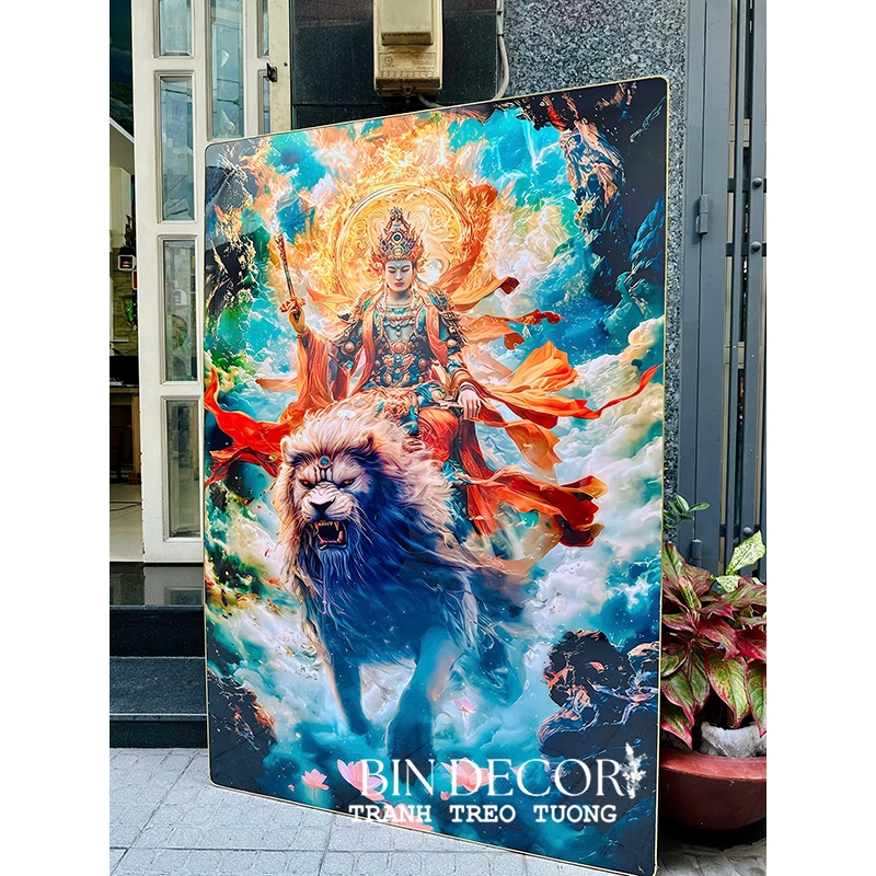(ẢNH CHỤP) Tranh treo tường tráng gương văn thù sư lợi bồ tát trang trí decor sẵn đinh
