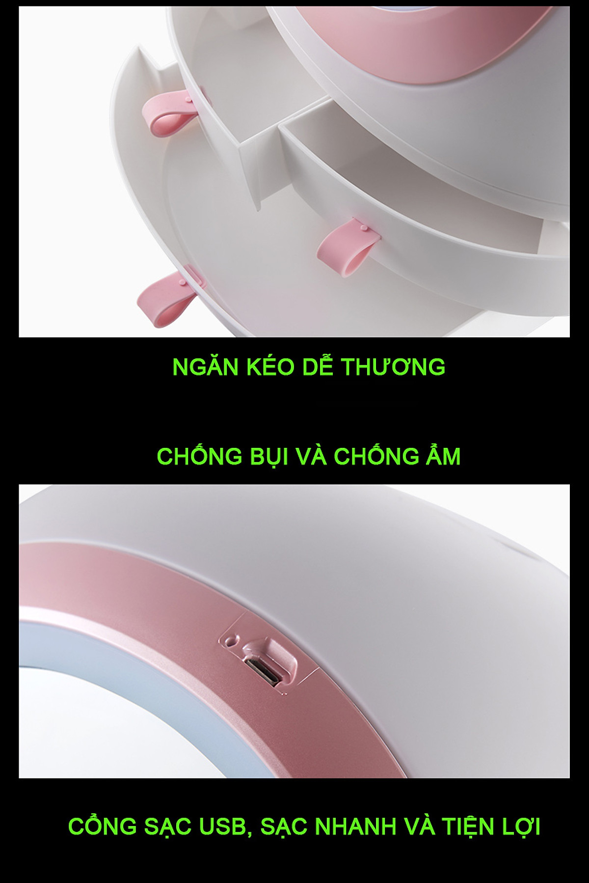 Tủ đựng mỹ phẩm tích hợp gương HD và đèn LED tặng kèm bộ bấm móng tay 9 món cực kì tiện dụng