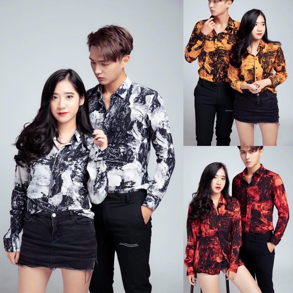 Áo Sơ Mi Đôi Nam Nữ Hoạ Tiết Aru Shop