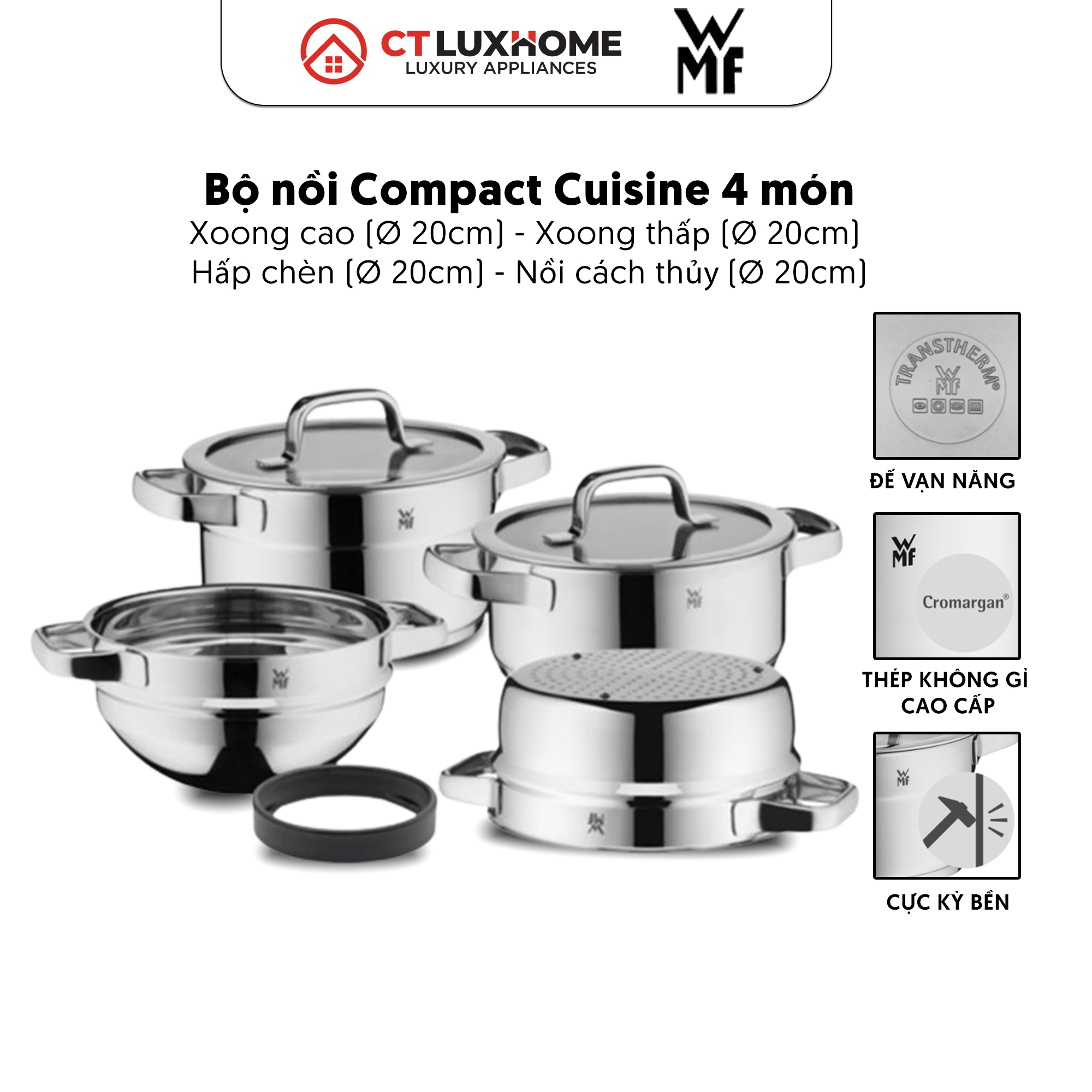 Bộ nồi 4 Món Compact Cuisine Chất Liệu Thép Cromargan Không Gỉ, Có Thể Xếp Chồng Lên Nhau 20cm - 0798046380
