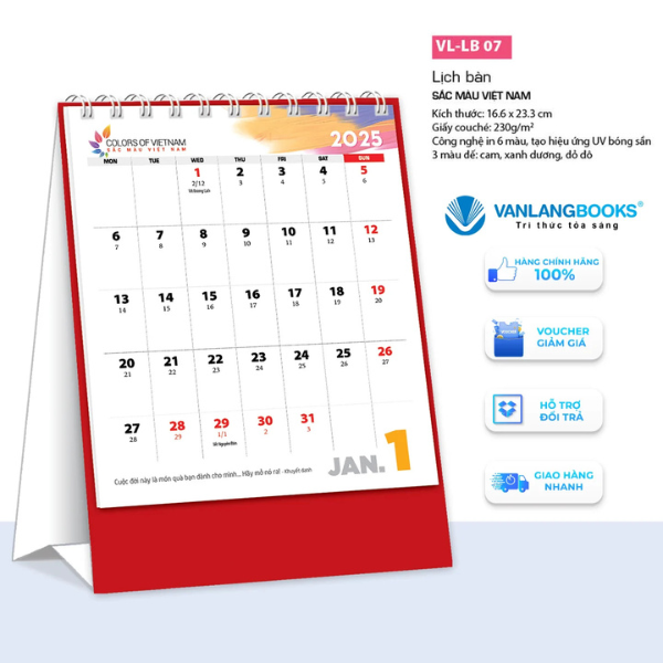 Lịch 2025 - Lịch Bàn Đứng - Lịch Văn Lang 16.6 x 23.3 cm ( Giao Màu Đế Ngẫu Nhiên )