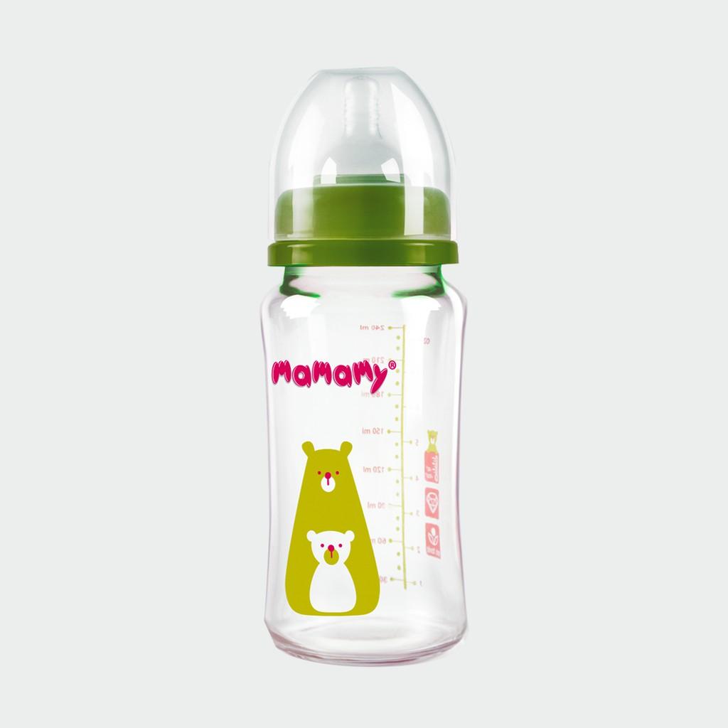 Combo 1 Bình Sữa Thủy Tinh Cổ Rộng Mamamy 240ml chống sạc và đầy hơi và 1 Bộ cọ rửa bình sữa Mamamy 360 độ