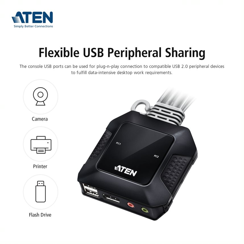 KVM Switch 2 cổng Aten CS52DP cổng USB-C Displayport dạng cable- Hàng chính hãng