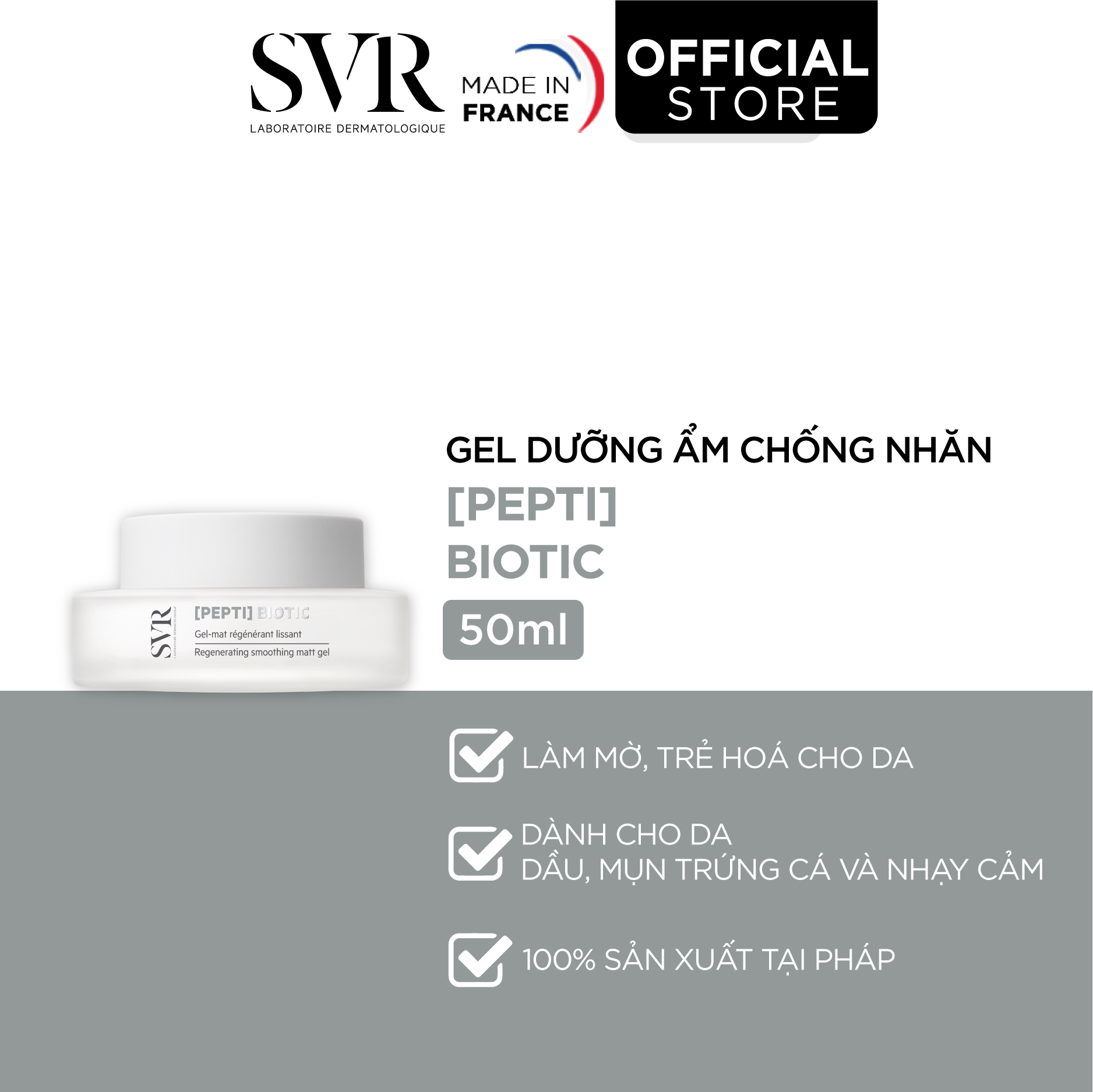 Gel dưỡng da giúp làm se khít lỗ chân lông, chống nhăn,làm da mềm mịn và giúp làm đều màu da SVR [PEPTI] BIOTIC 50ml