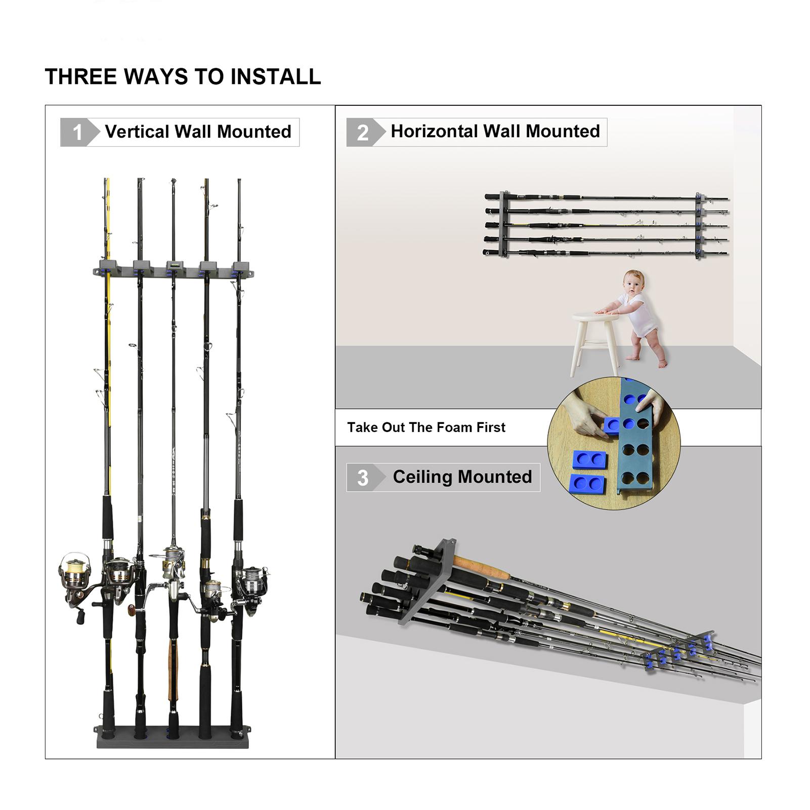 BL-071 Fishing Rod Rack for 10 Fishing Rods Wall Mounted Fishing Pole Storage Rack Stand Holder