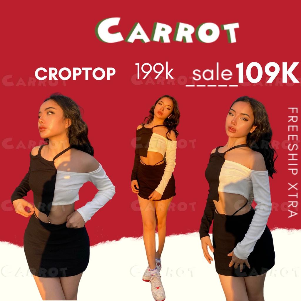 Croptop tay dài chân váy đen basic ôm eo cột dây tôn dáng chất thun trendy thời trang nữ carrotxinhdep