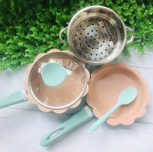 Bộ nồi và chảo cao cấp bằng đá hoa cương thiết kế chống dính an toàn chuyên dùng nấu bột, đồ ăn dặm các loại cho trẻ em