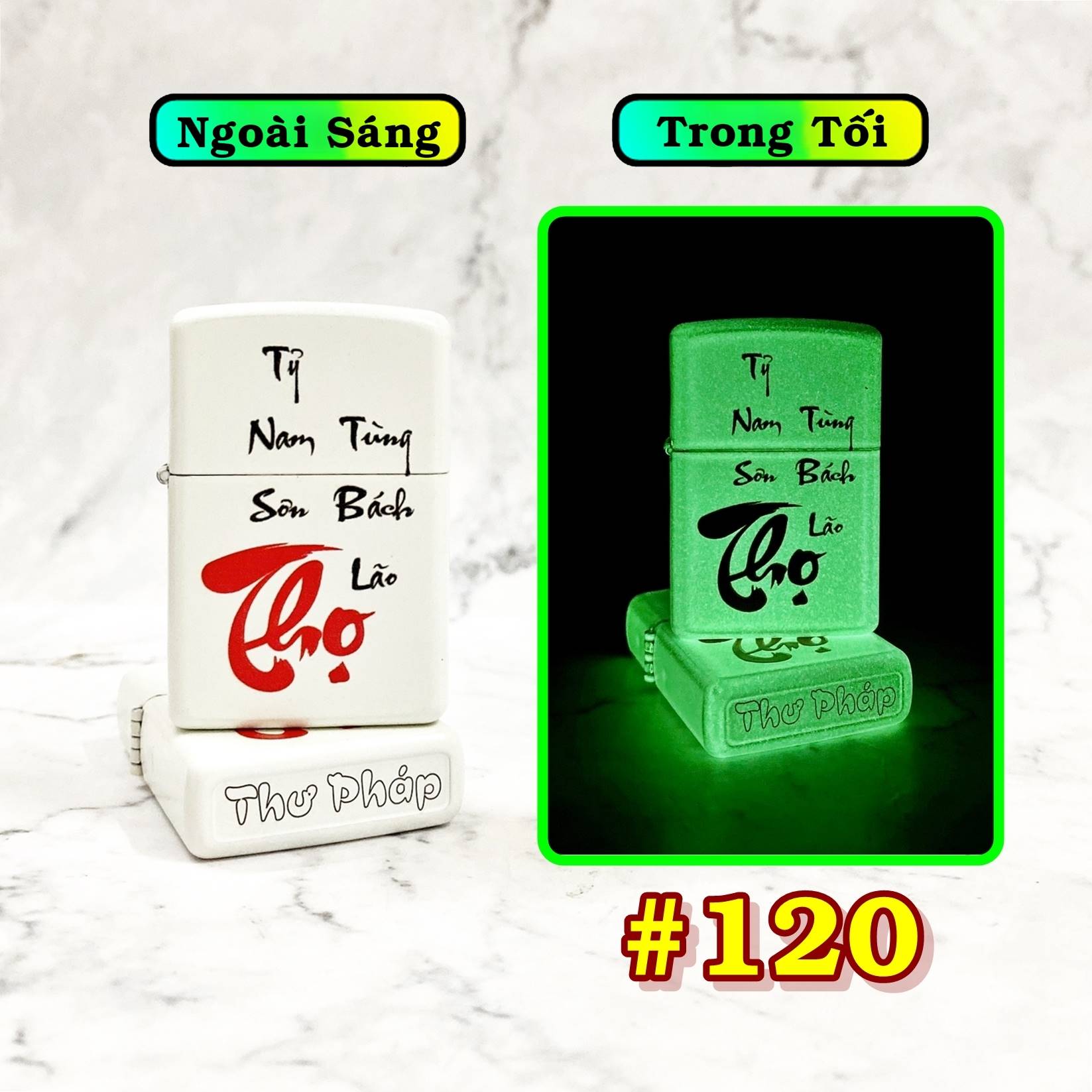 ZIPH120-BẬT LỬA ZIPO CHỮ THỌ THƯ PHÁP &quot;THỌ TỶ NAM SƠN TÙNG BÁCH LÃO&quot; (DẠ QUANG HÚT ÁNH SÁNG) (HỘP THIẾC KÈM XĂNG) H-120