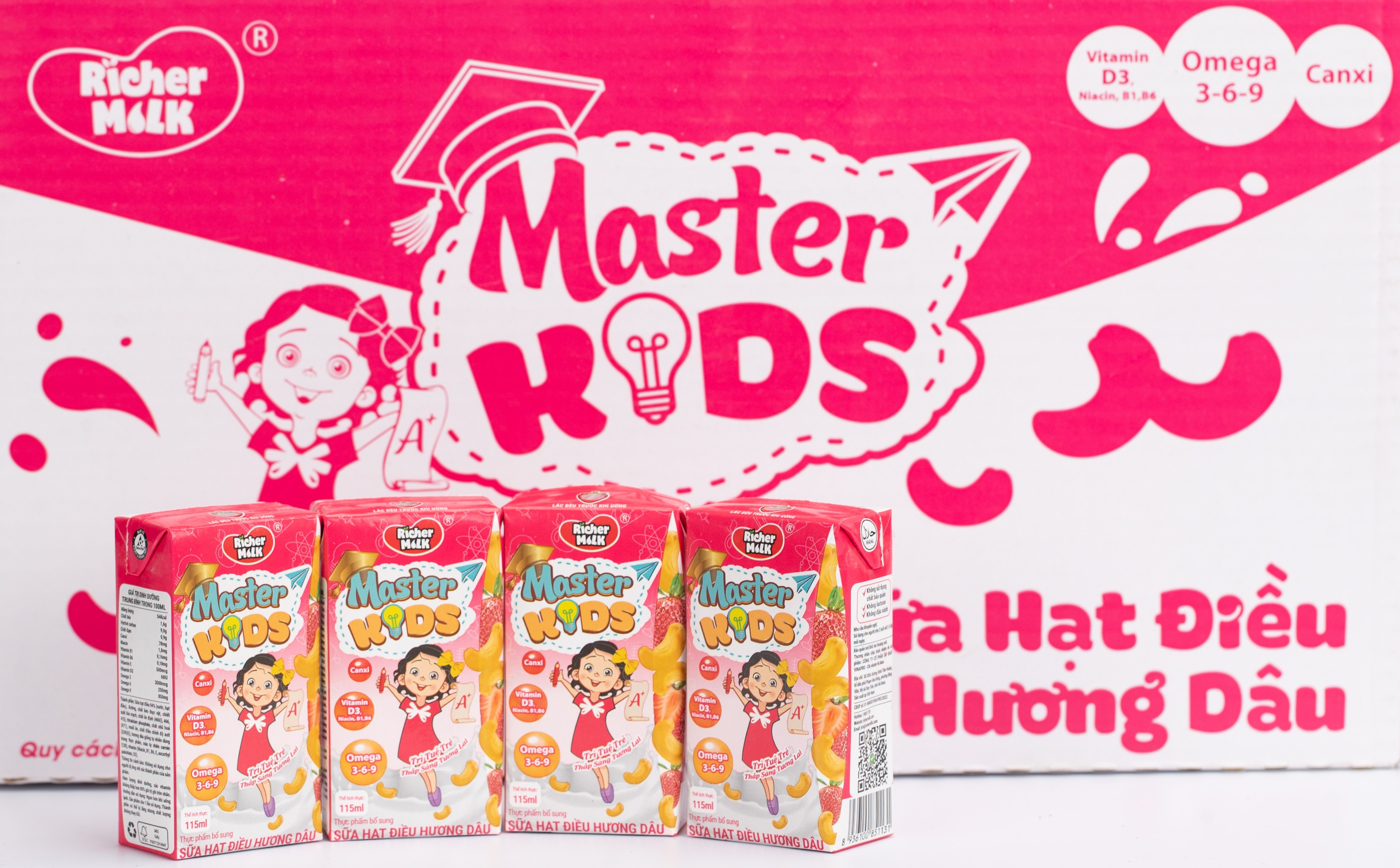 Lốc Sữa Hạt Điều Master Kids Hương Dâu 115ml Giàu Omega 3-6-9 Giúp Trẻ Thông Minh Hơn