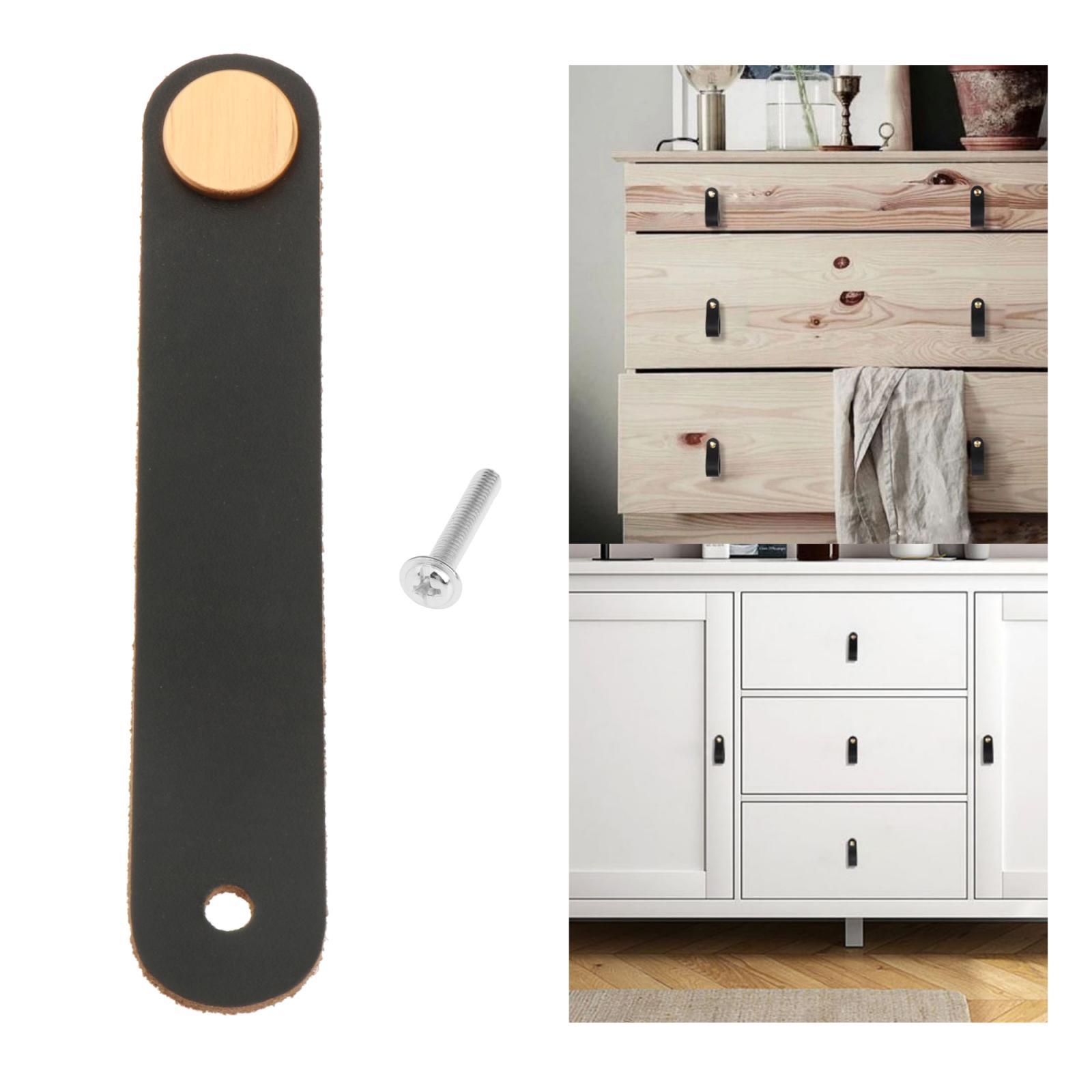 2xLeather Furniture Handle Pull With Screws Cabinet Door Knobs Hardware Black