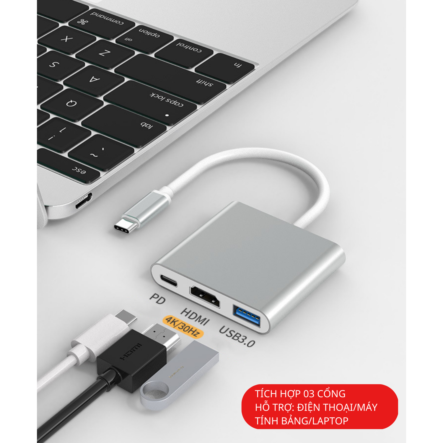 Hub Chuyển Đổi USB Type C 3 in 1 To HDMI, USB 3.0, Cổng Type C Hỗ Trợ Sạc Nhanh PD - Hàng Chính Hãng Tamayoko