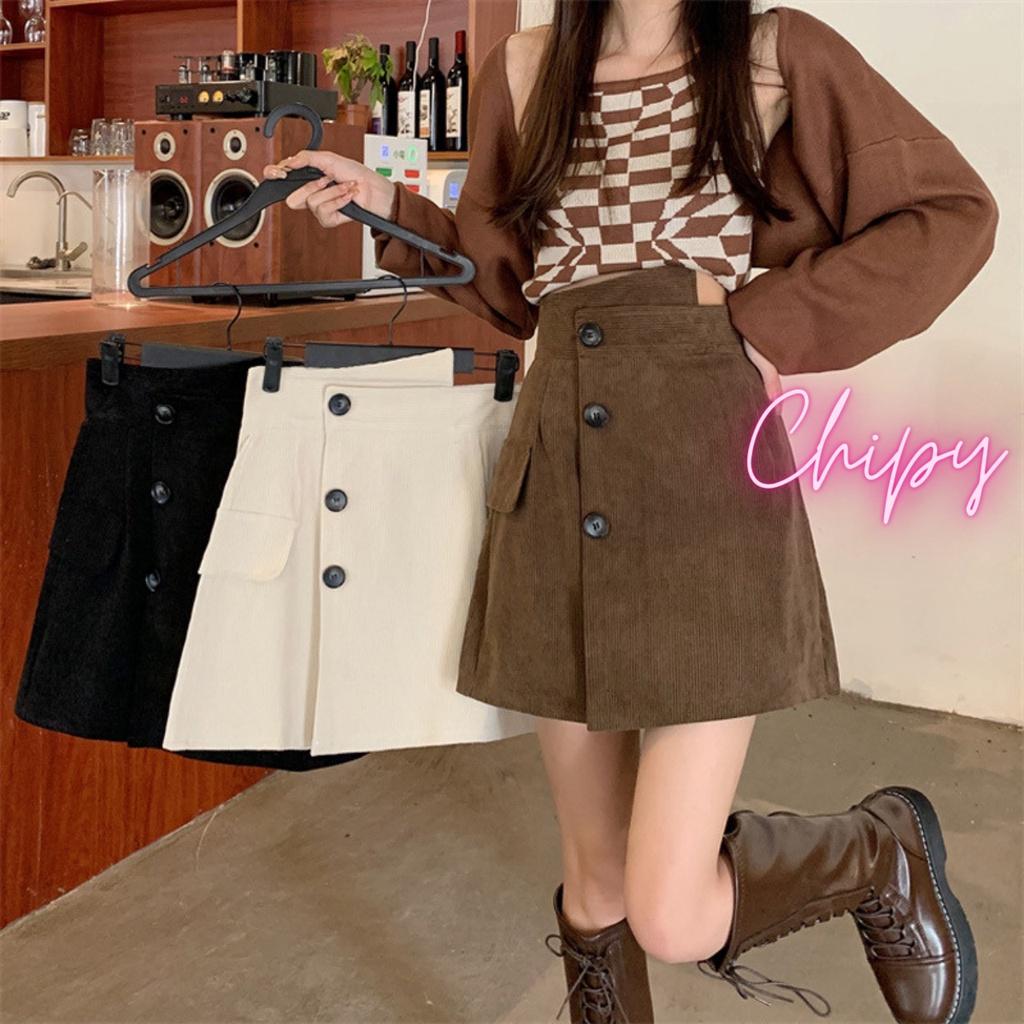 Chân Váy Chữ A Ngắn CHIPY Chất Nhung Tăm Giả Váy Phong Cách Hàn Quốc Ulzzang Kiểu Vintage Màu Kem Đen Bò Siêu Dễ Thương