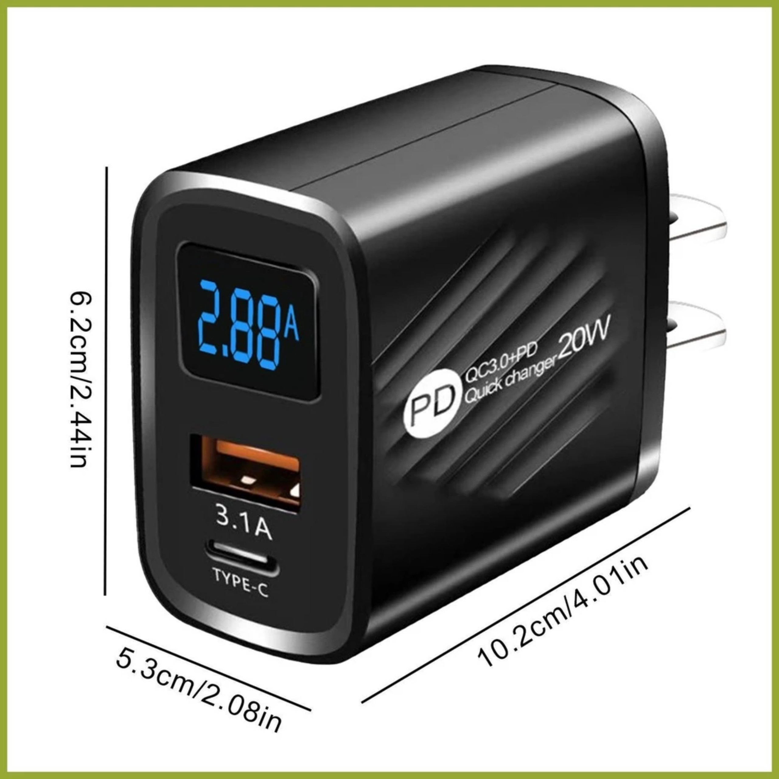 Củ Sạc Nhanh PD20W Cổng USB 5V3.1A có màn hình led hiển thị cho Điện Thoại, Máy Tính Bảng gồm 1 cổng USB và 1 cổng Type-C,  hàng nhập khẩu