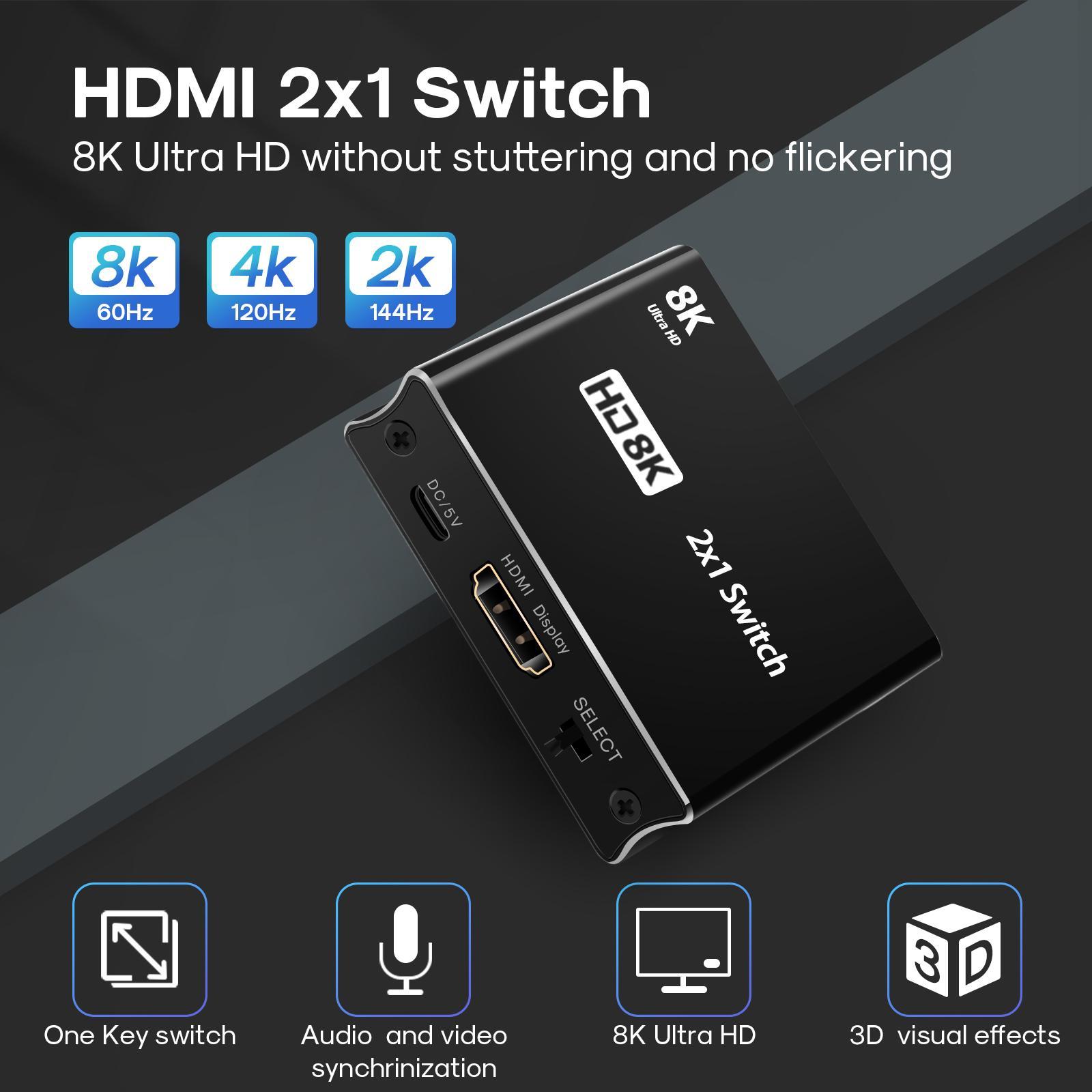 2x1 Switch 8K HDMI 2.1 Splitter ,2 in 1 Out ,High Speed ,8K 60Hz Signal Display 4K 120Hz 8K HDMI Switch Switcher for PS5 Laptop Monitors DVD