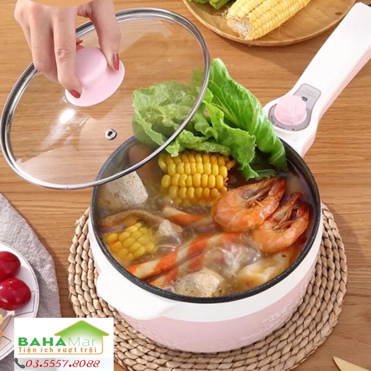 NỒI ĐIỆN ĐA NĂNG CHỐNG DÍNH "BAHAMAR" nấu cơm điện, lẩu điện, kho, và cả chiên rán rất tiện lợi, điện cắm từ tay cầm sáng tạo và đẹp