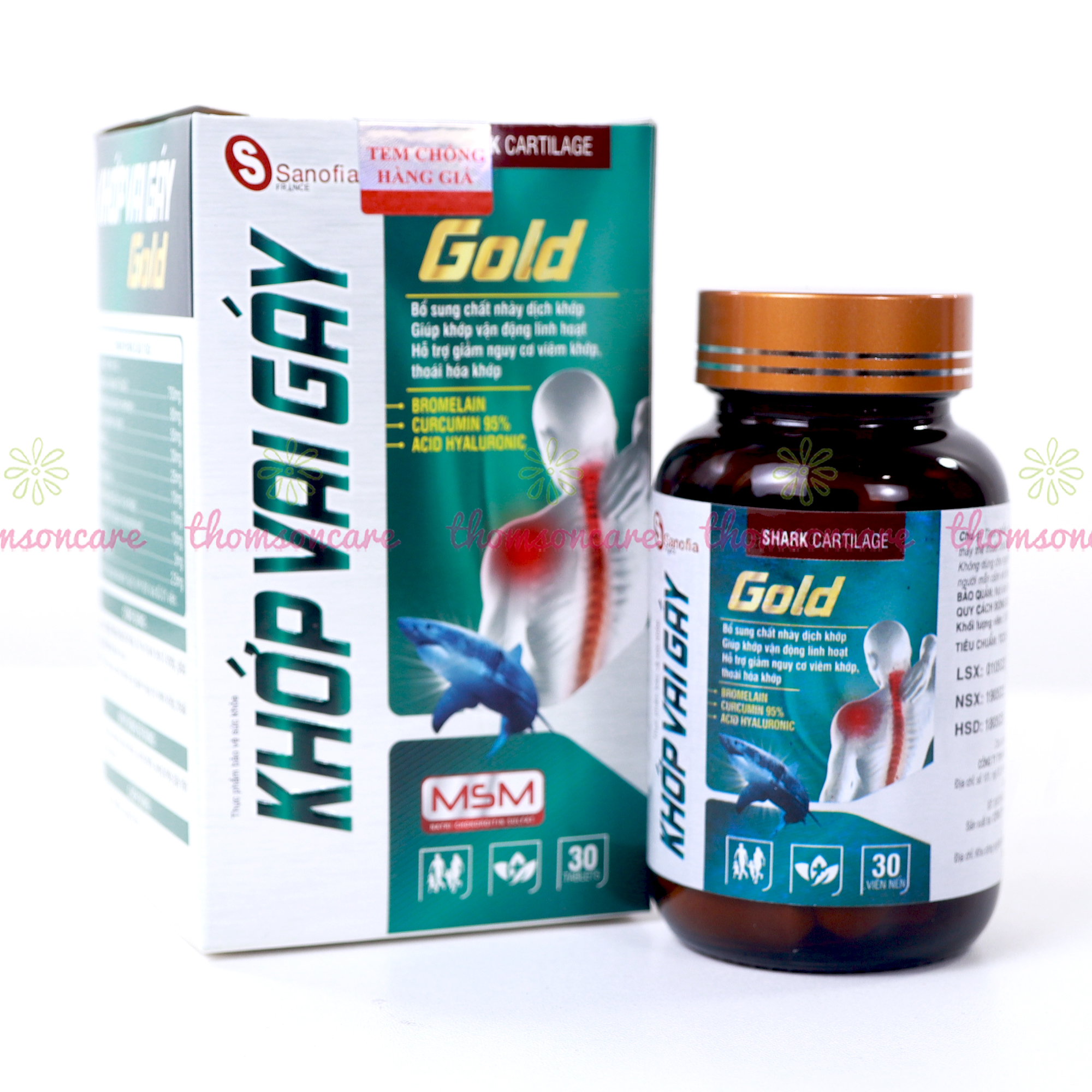 Viên uống bổ xương khớp vai gáy gold, bổ sung chất dịch nhày khớp, giúp khớp linh hoạt từ sụn vi cá mập - Lọ 30 viên Thomsoncare