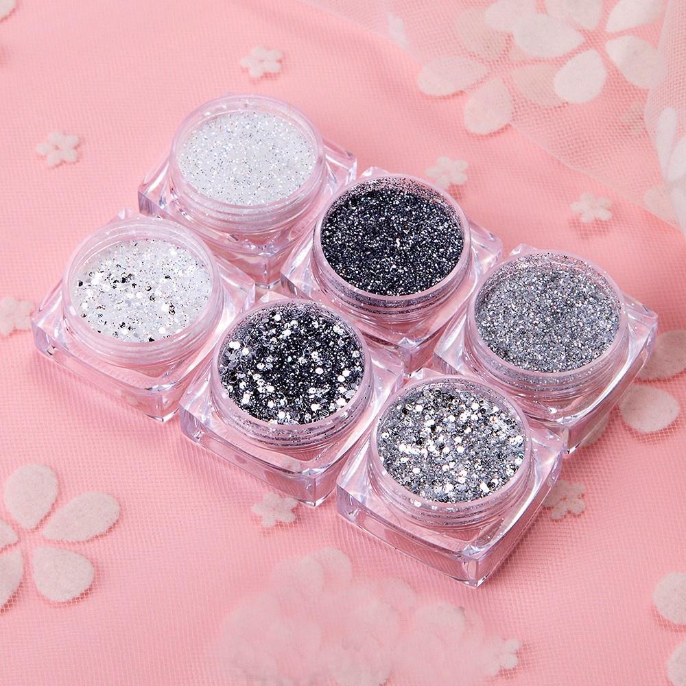 Set nhũ rắc móng nail kim tuyến vàng trắng , Set 6 hũ nhũ cát mịn Yapas ánh màu kim cương trang trí móng tay