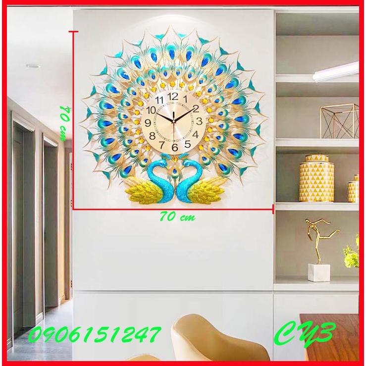 Đồng hồ treo tường trang trí decor chim công CY3 Khổng Tước xanh kích thước 70 x 70 cm