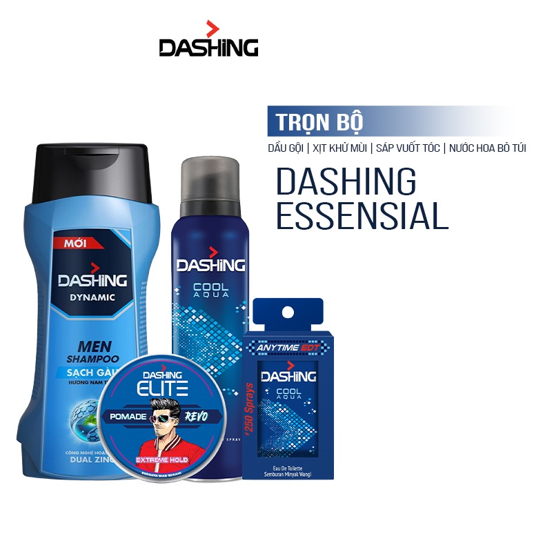 Trọn bộ Dashing: Dầu gội Dynamic 180g &amp; Xịt khử mùi Cool Aqua 125ml &amp; Nước hoa Cool Aqua 18ml &amp; Sáp vuốt tóc Revo 75g