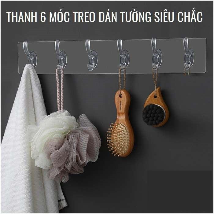 Thanh Treo 6 Móc Dán Tường 6 Nhánh Siêu Dính Trong Suốt