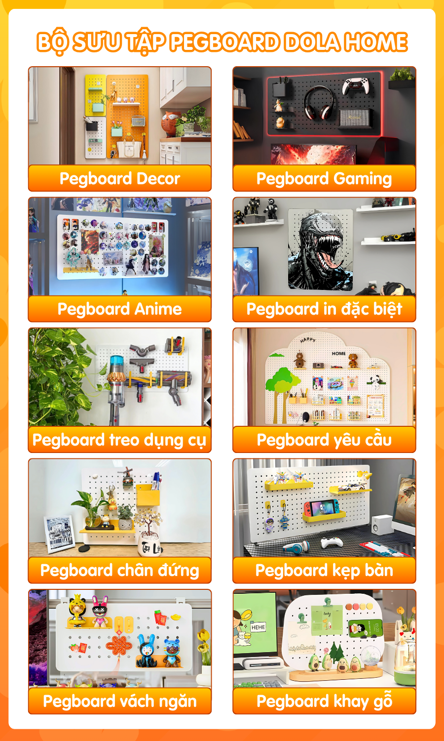 Bảng lỗ  Pegboard Dola Home kim loại cao cấp tiện dụng đặt bàn học, bàn làm việc, trang trí decor nhà cửa ngắn nắp