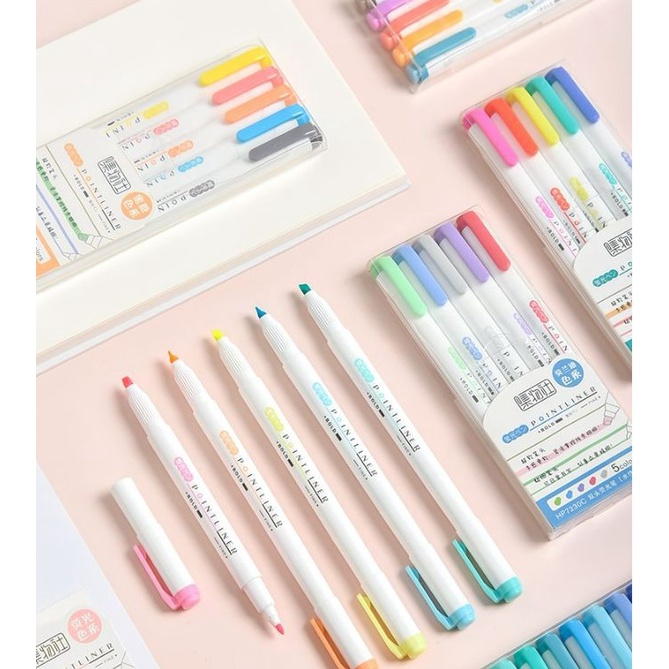 Bộ 5 bút hightlight pastel đánh dấu theo chủ đề 2 đầu dạ quang Pointliner A81