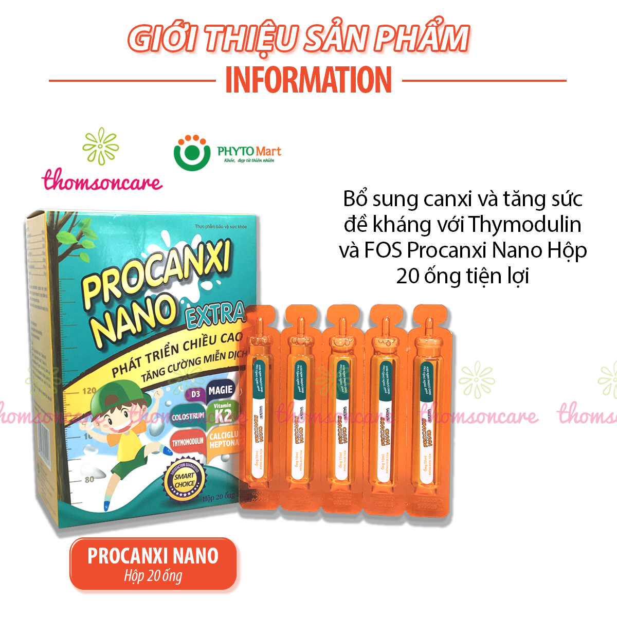 Procanxi Nano Extra - Bổ sung canxi, tăng chiều cao và đề kháng cho bé với Thymodulin và FOS - Hộp 20 ống tiện lợi