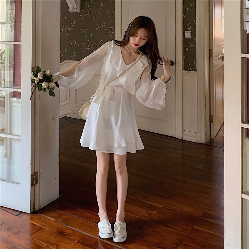 Đầm voan cổ bèo thắt nơ eo nữ tính mẫu 2021
