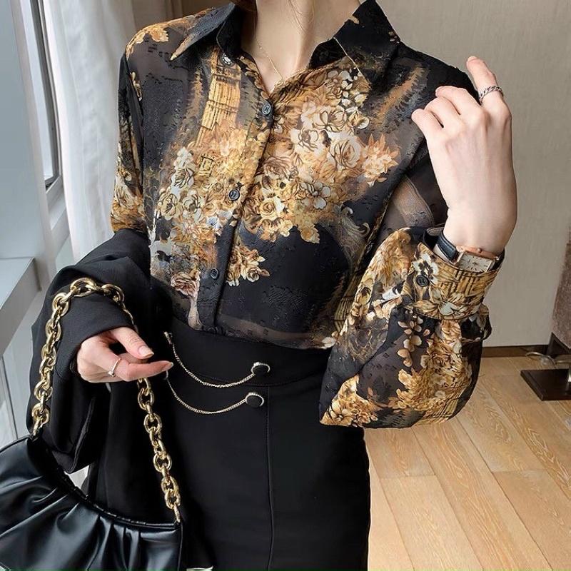 Áo sơ mi tay phồng vải voan ép phong cách phương Tây