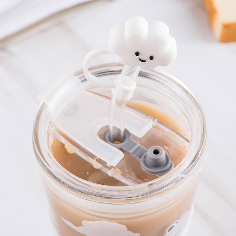 Thủy Tinh 480Ml Bình Nước Dễ Thương Mây Hoạt Hình Gấu Nước Sữa Straw Cup Chống Rò Rỉ Di Động Bình Tập Uống Có Niêm Phong Nắp nắp