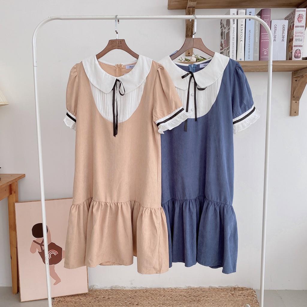 Váy suông đuôi cá, cổ sen xếp ly buộc nơ, đầm xuông bầu rộng tay bo phồng 2 màu mã V187 - Michi's House