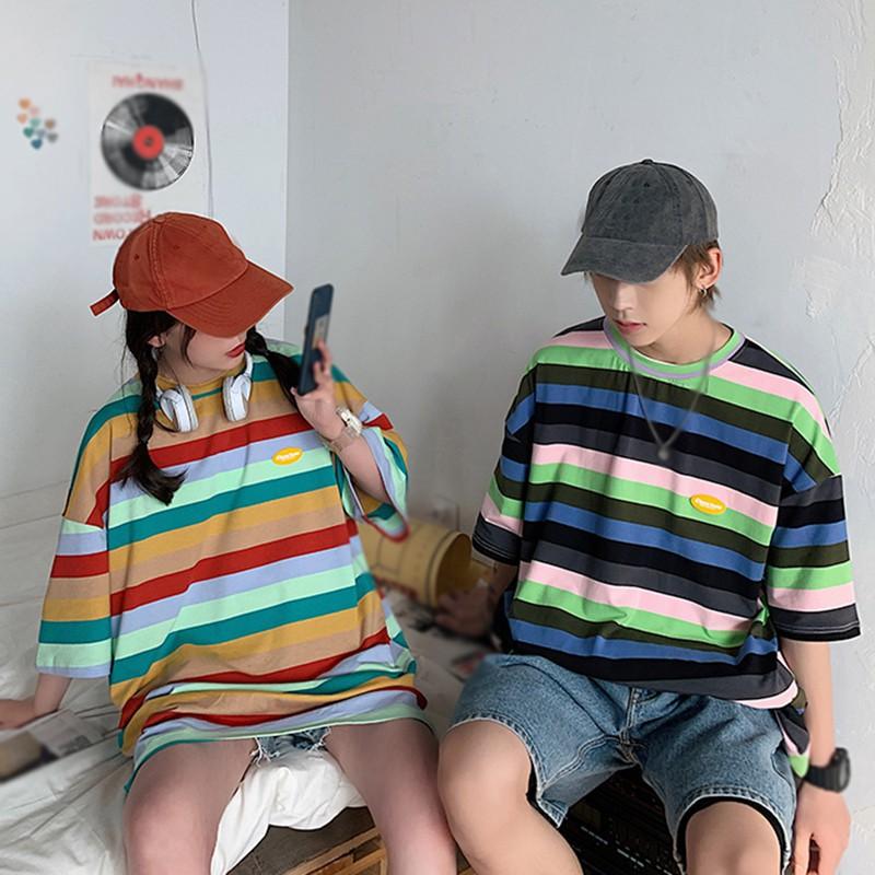 Women's Summer Casual T Shirt Short Sleeve O-Neck Rainbow Striped Loose Tee Lovers Tops