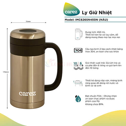 Cốc giữ nhiệt Carez 450ml IMC626S - Hàng chính hãng