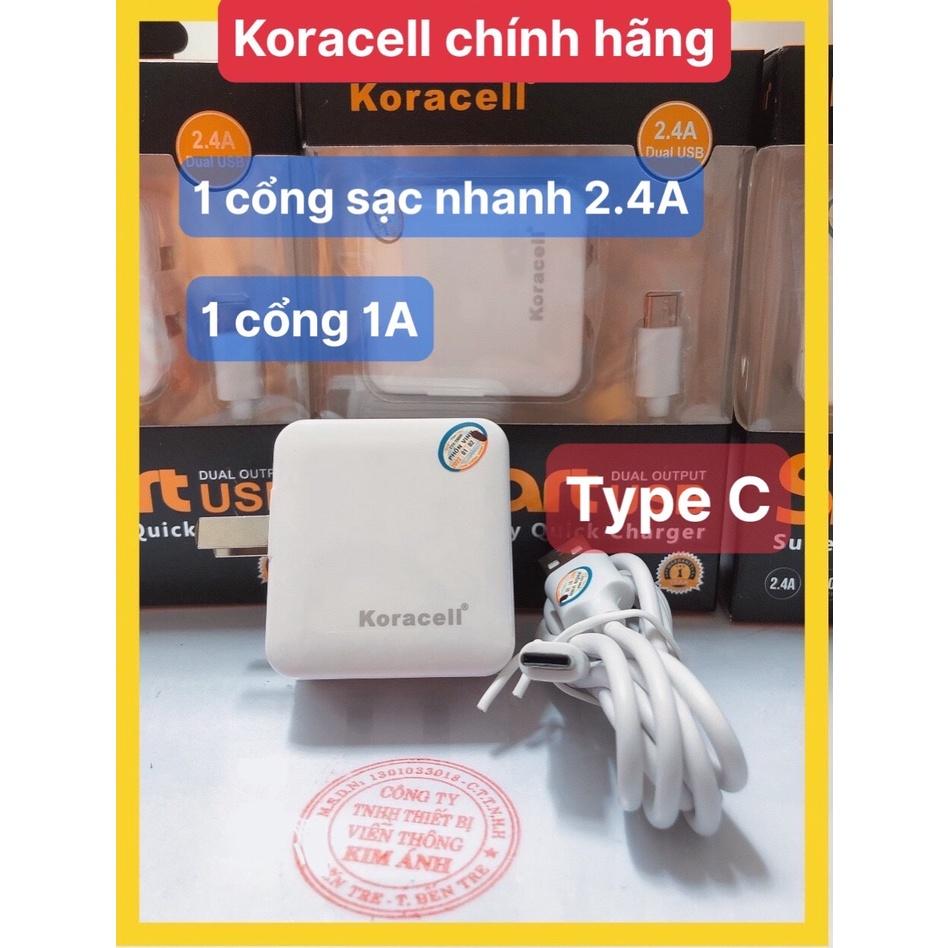 Bộ sạc nhanh Koracell 2.4A cổng Type C, có 2 cổng USB, Hàng chính hãng