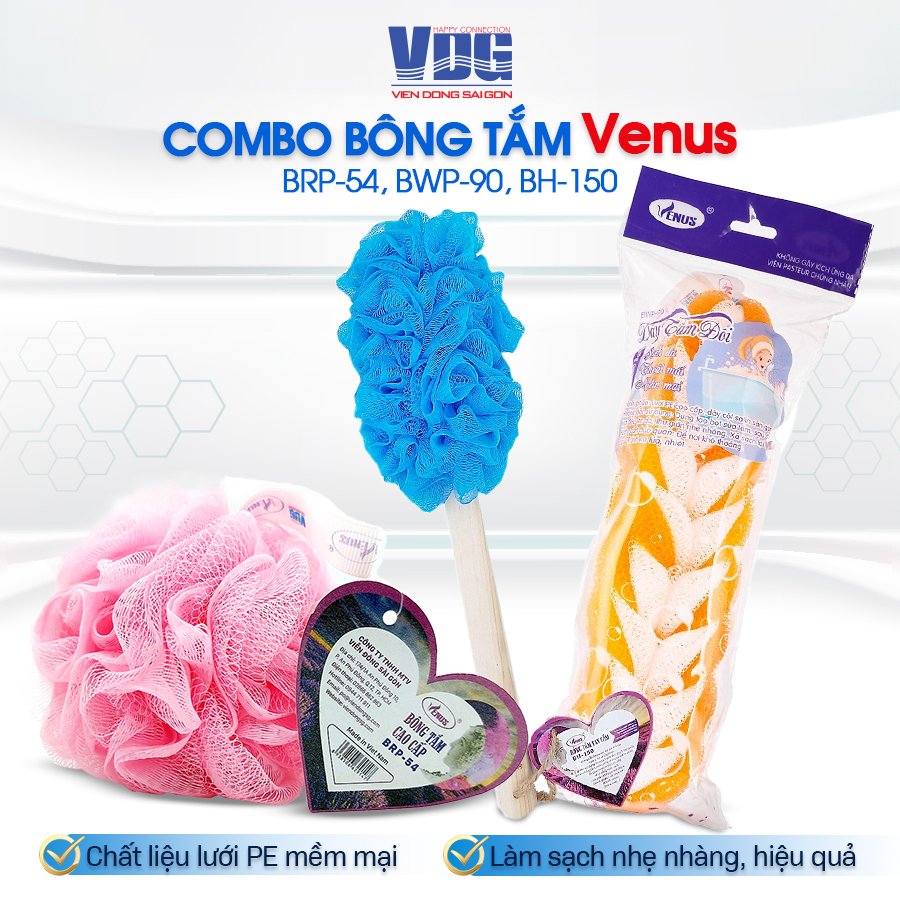 Combo Bông tắm tròn cao cấp Venus BRP-54 + Dây tắm dài đôi Venus BWP-90 + Bông tắm tay cầm Venus BH-150