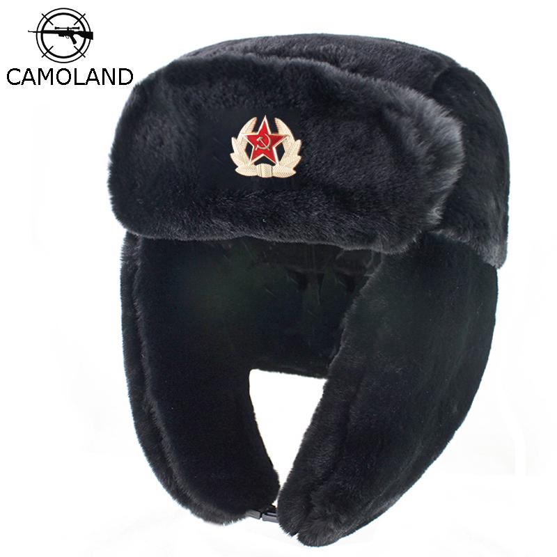 CAMOLAND Liên Xô Bẫy Bắt Trooper Nón Nam Quân Đội Quân Sự Nga Ushanka Máy Bay Ném Bom Mũ Giữ Ấm Mùa Đông Mũ Phi Công Lông Thỏ Giả Earflap