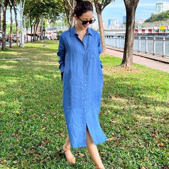 Đầm suông sơ mi Linen tơ Hàn form rộng dài tay trễ vai trẻ trung không kén dáng mặc, chất vải Linen tơ Hàn mềm mát, thích hợp hè, thu - Xanh Coban