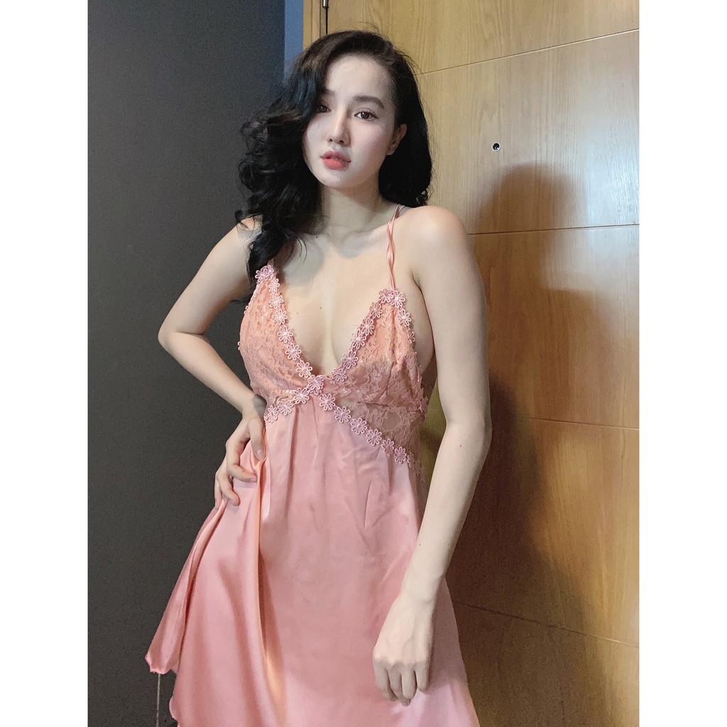 Đầm ngủ nữ sexy hở lưng quyến rũ gợi cảm phối ren mềm mịn thoáng mát AN11 - D'Lavia