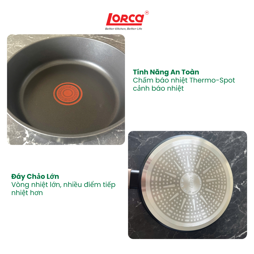 Chảo Chống Dính 5 Lớp Liền Khối Lorca TA 2034A Dùng Cho Mọi Loại Bếp, Cảm Biến Nhiệt, Sâu Lòng