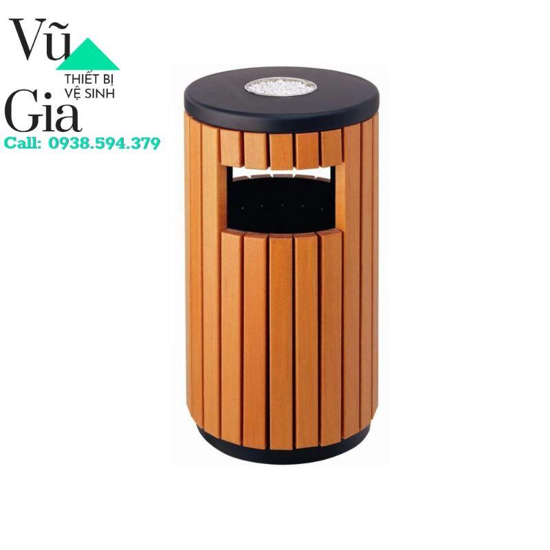 Thùng rác tròn ngoài trời giả gỗ có gạt tàn