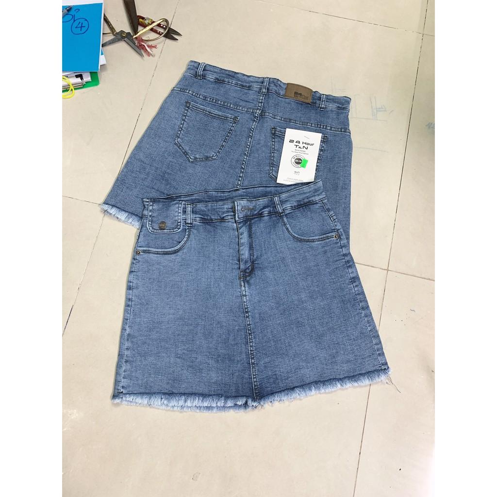 Quần váy jean BigSize lưng cao phom A nhẹ có túi nắp nhỏ, co dãn mạnh màu xanh nhạt Rách kiểu 3873