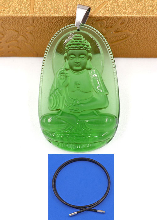 Vòng cổ dây cao su đen mặt Phật A Di Đà pha lê xanh lá 5cm DEFNXL7 - Phật bản mệnh tuổi Tuất, Hợi - Mặt size lớn