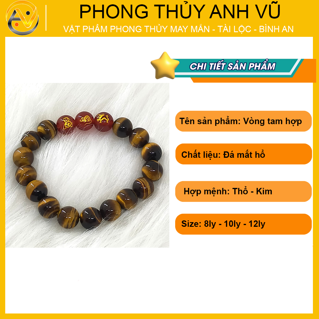 Vòng tay tam hợp thân tý thìn đã khai quang - chất liệu mắt hổ vàng nâu - size 8 10 12ly - may mắn tài lộc - Vòng Tam Hợp Anh Vũ