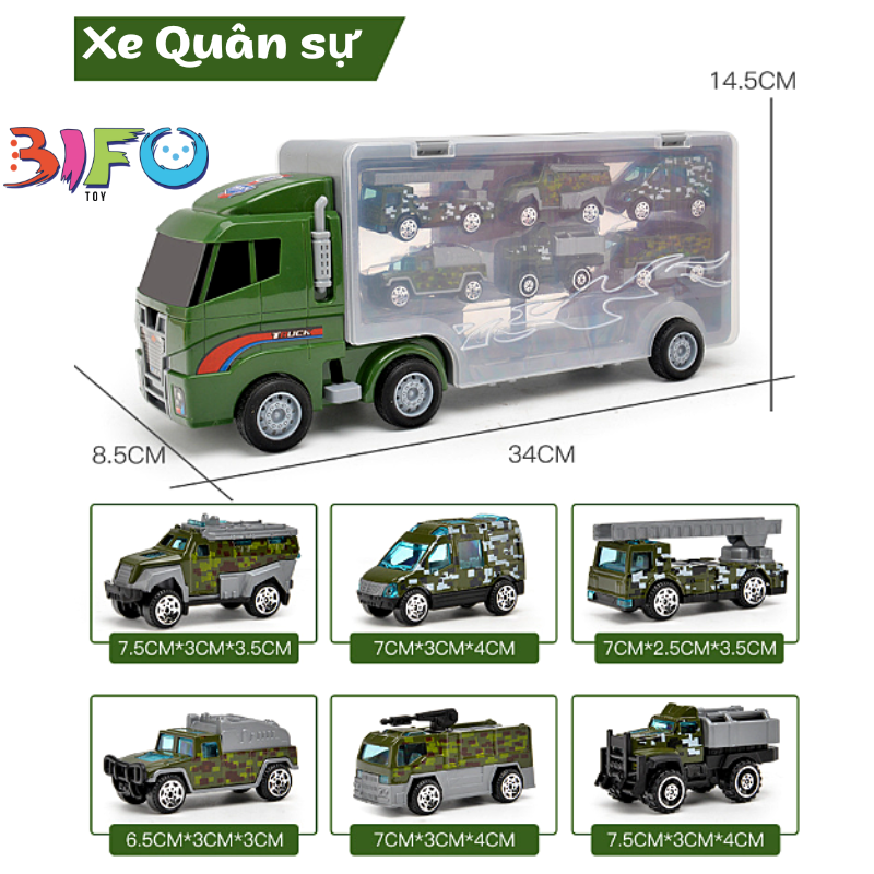 Đồ chơi xe container vận chuyển 6in1 xe ô tô tải đồ chơi hợp kim cứu hỏa, kĩ thuật, cảnh sát, quân sự có garage phóng xe