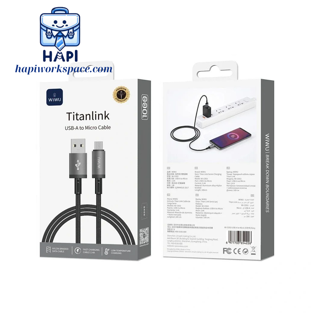 Cáp sạc USB-A to Micro hàng chính hãng WiWU Titanlink Wi-C053: Thiết kế tối giản, vật liệu siêu bền, chống gãy gập