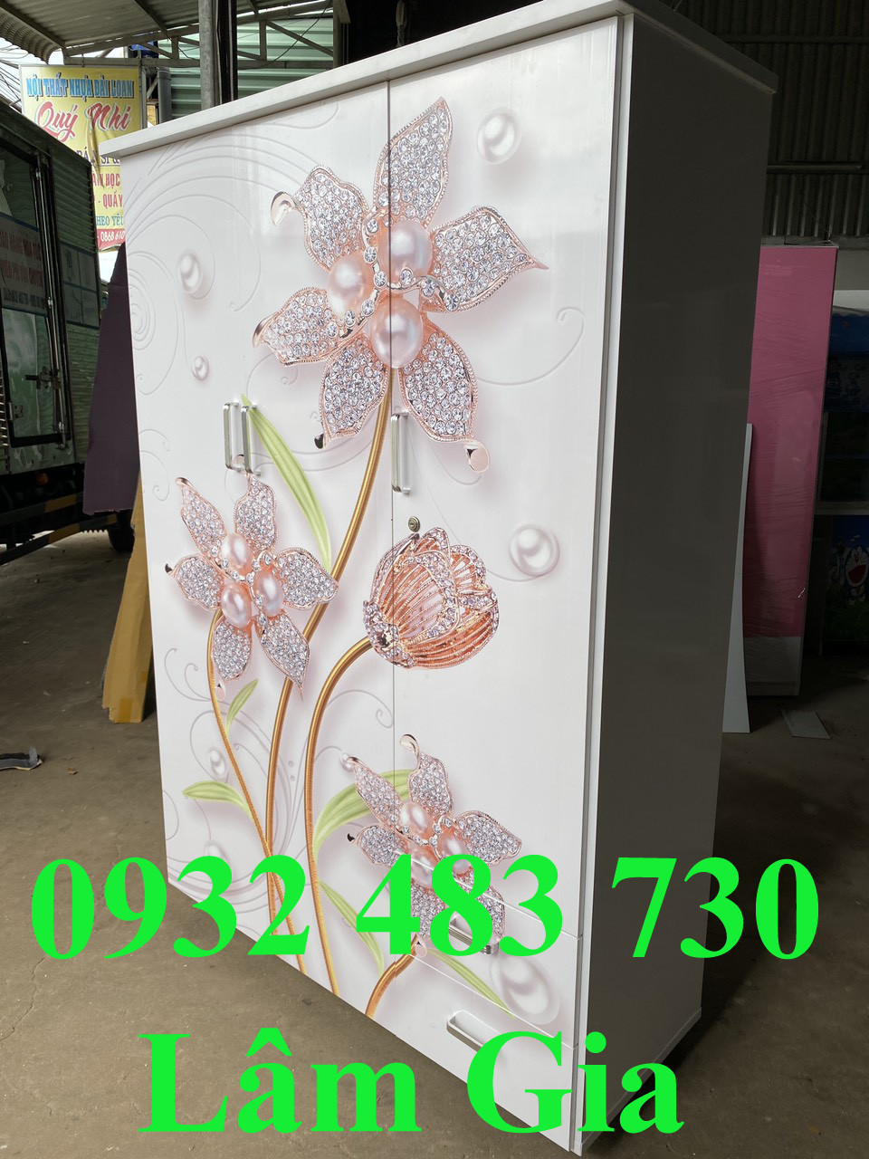 Tủ Nhựa Đài Loan 3 cánh 2 hộc in 3D hoa Kim Cương kích thước cao 1m8 rộng 1m2_new freeship