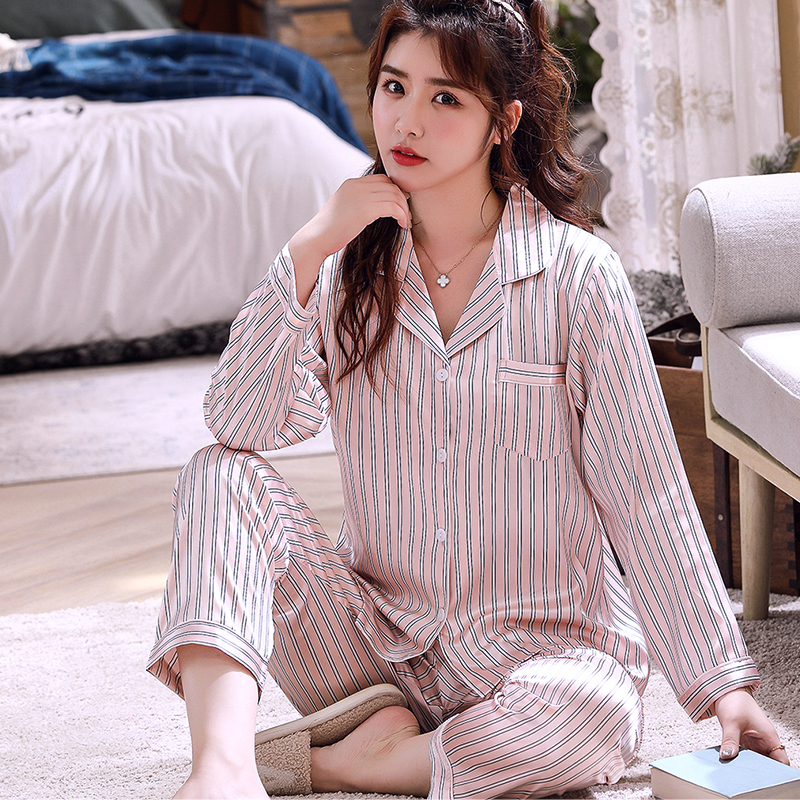 Đồ bộ Pyjama mặc nhà Nữ chất liệu phi bóng rũ mềm mại, sọc trẻ trung -88217